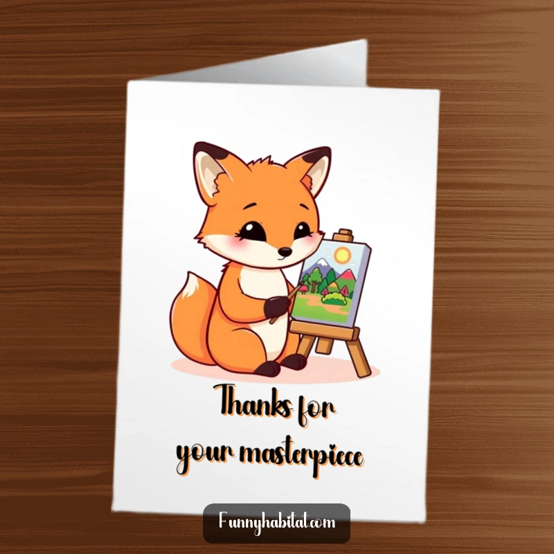 Funny Free Printable Thank You Card: An artistic fox paints a beautiful landscape, expressing heartfelt thanks with a delicate brushstroke.