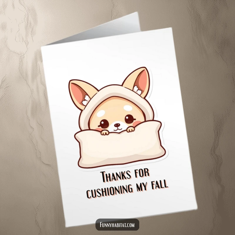 Funny Free Printable Thank You Card: Curious animal character peeking from behind a cushion, a shyly grateful expression.