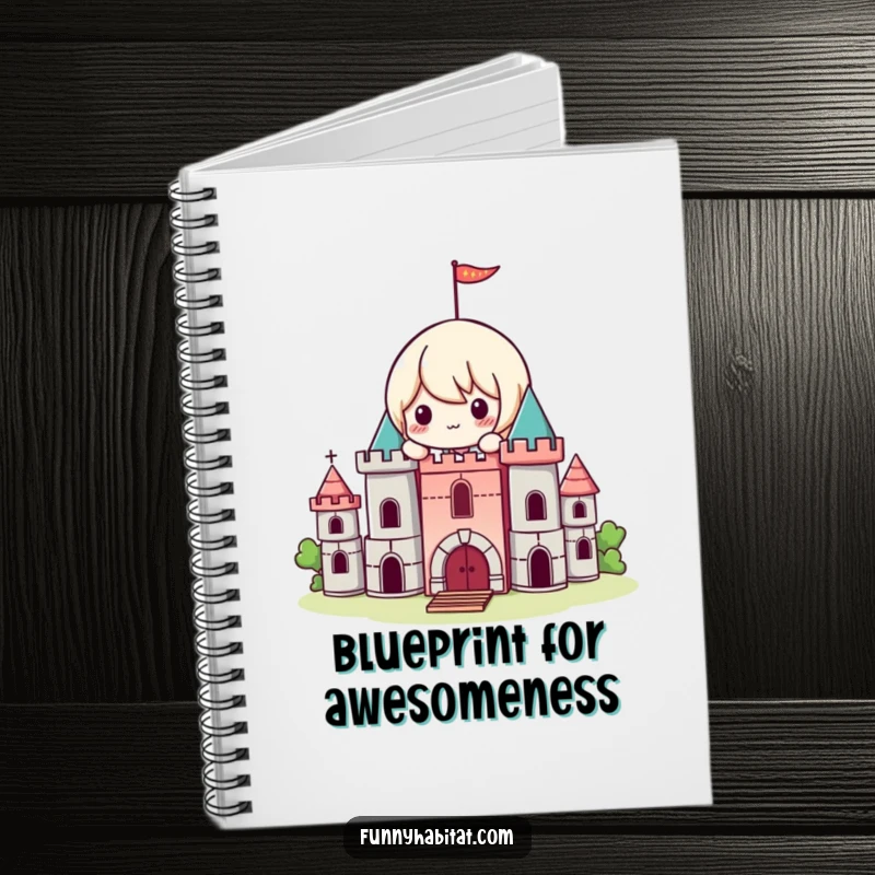 Funny Kawaii Notebook, a playful character builds a small castle with blocks, ideal for creative journaling.