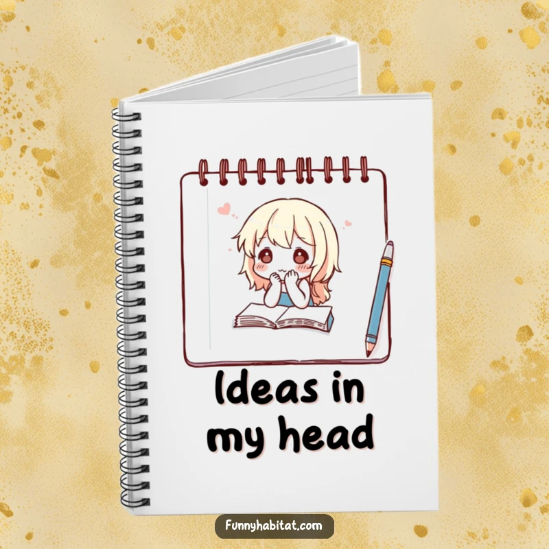 Funny notebook with a thoughtful character sketching in a notebook, inspiring beautiful ideas on its pages.