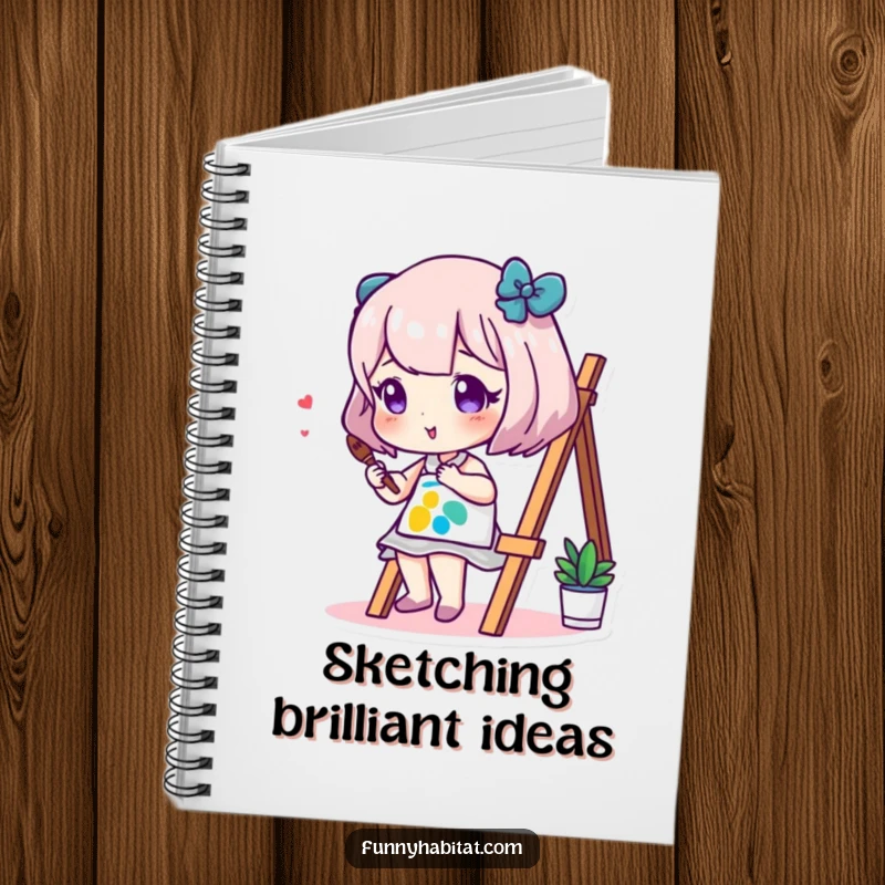 Funny notebook with an artistic character painting on a mini canvas using bright, cheerful colors, encouraging creativity.