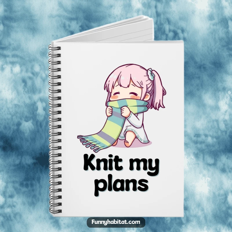 Funny notebook featuring a character blissfully knitting a long, colorful scarf; ideal for pattern notes and creative journaling.