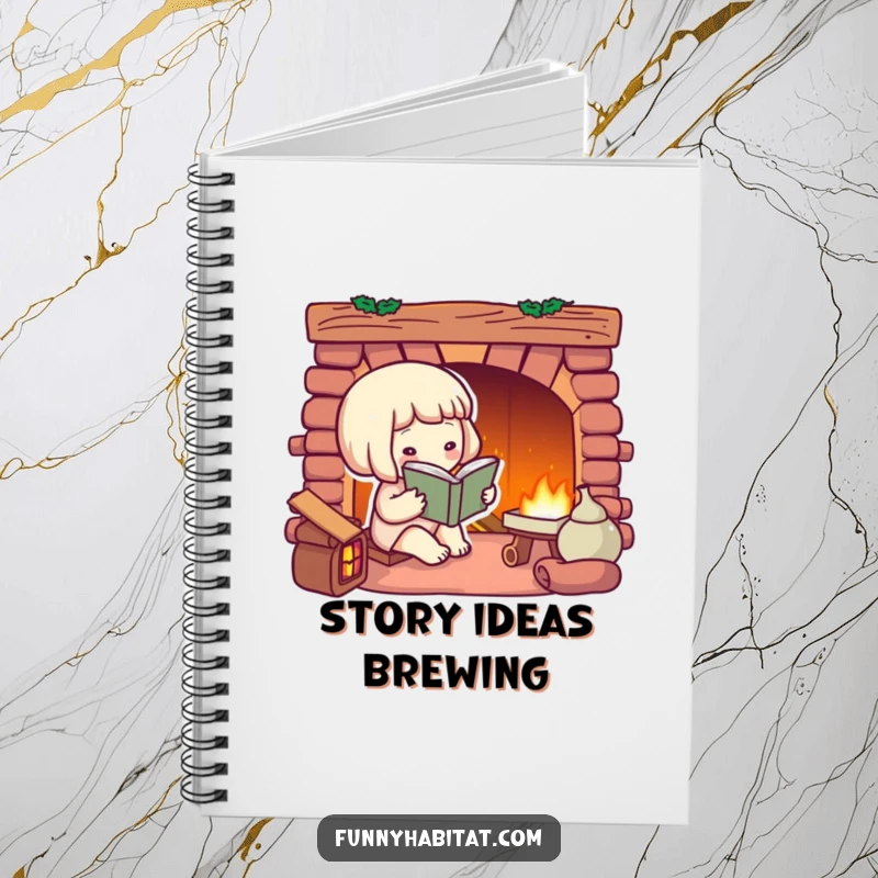 Funny notebook with a character reading by a fireplace, ideal for journaling thoughts and story ideas.