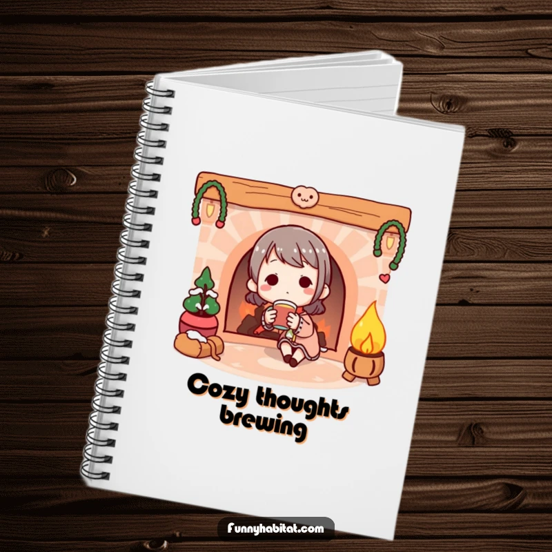 Funny Notebook: A character enjoying a warm drink by a cozy illustrated fireplace, inspiring calm thoughts.