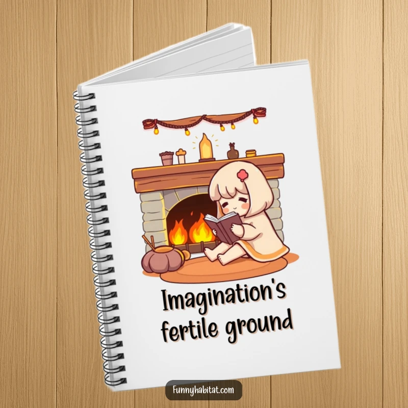 Funny character reading a book by a fireplace, on a ruled notebook cover.
