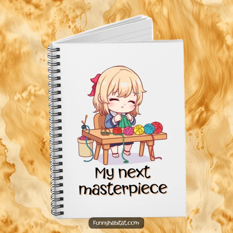 Funny notebook with a diligent character crafting with colorful yarn and needles at a desk, for project notes.