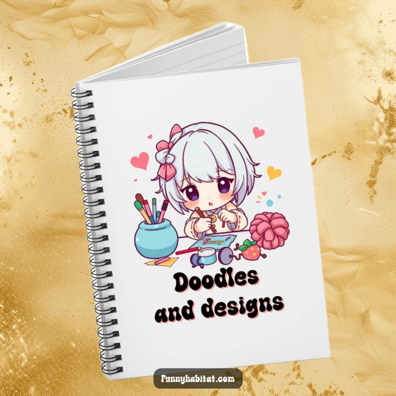 Funny notebook with a cover showing a character working on a colorful craft project, perfect for jotting down ideas.