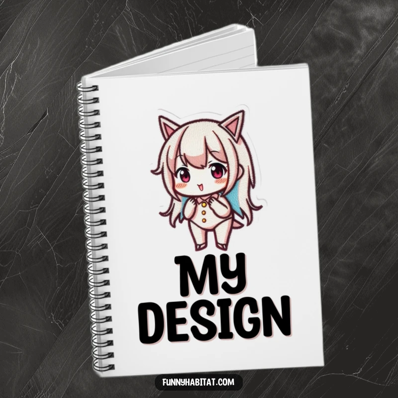 Funny embroidery notebook showing a focused character stitching a small, intricate design, perfect for craft ideas.