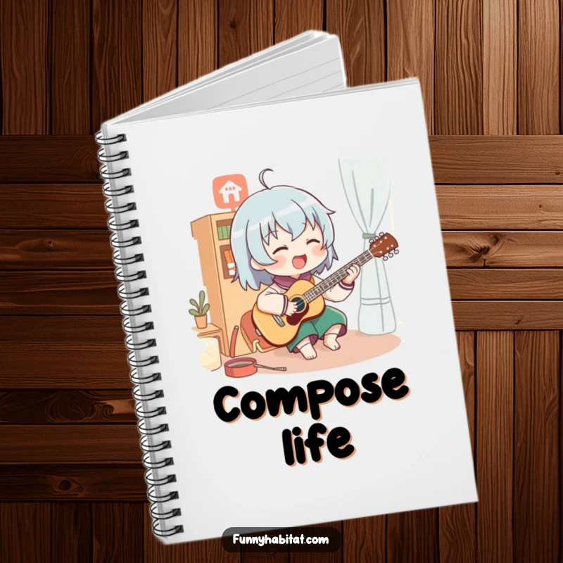 Funny notebook featuring a character enthusiastically playing a musical instrument in a cozy room; ideal for songwriters and musicians.