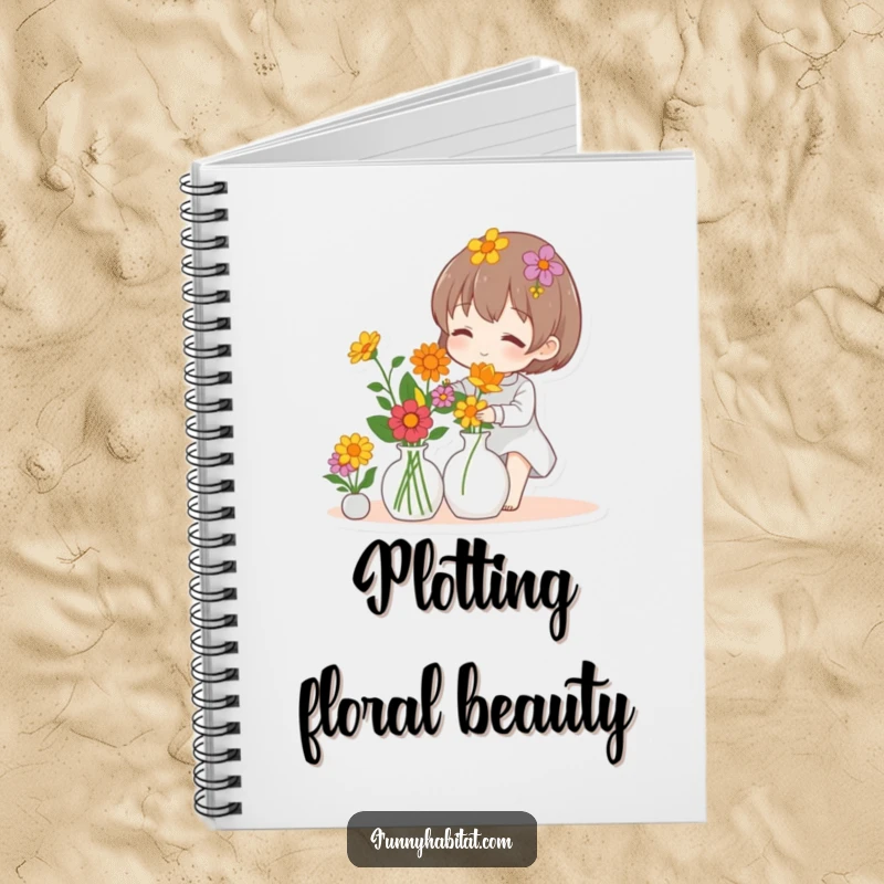 Funny notebook with a character arranging colorful flowers in a vase, great for jotting down notes and ideas.