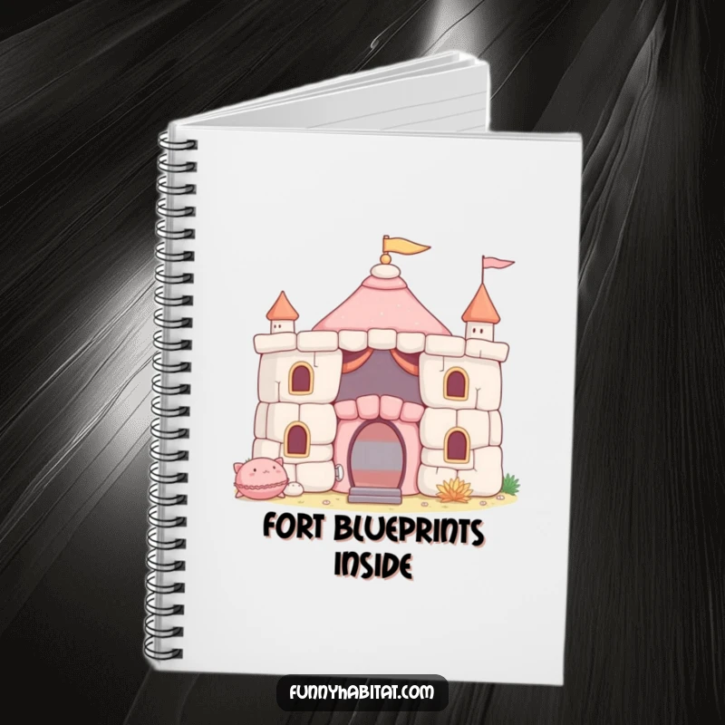 Funny Notebook with a character building a soft cushion fort, perfect for jotting down creative ideas, stories, or plans.