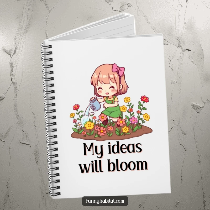 Funny notebook cover featuring a character watering blooming flowers, perfect for jotting down garden plans humorously.
