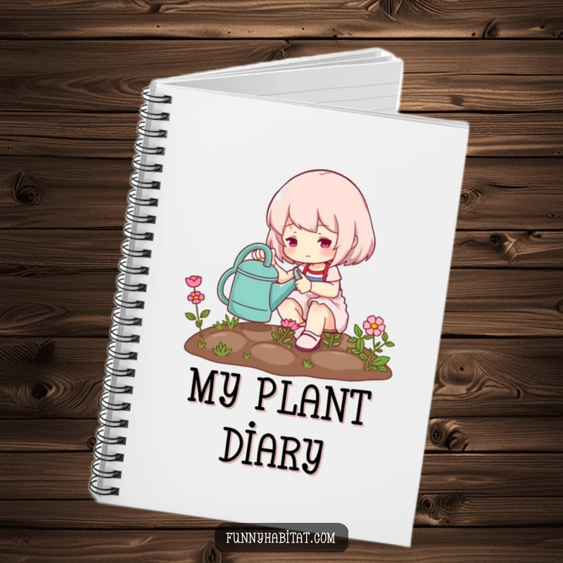 Funny notebook featuring a cute character watering a miniature garden, perfect for jotting down notes with a touch of nature.