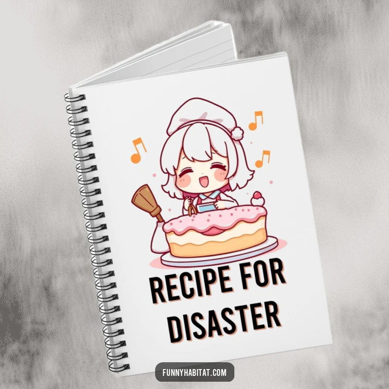 Funny notebook with a happy character humming and baking a cake, perfect for jotting down notes and recipes with a smile.