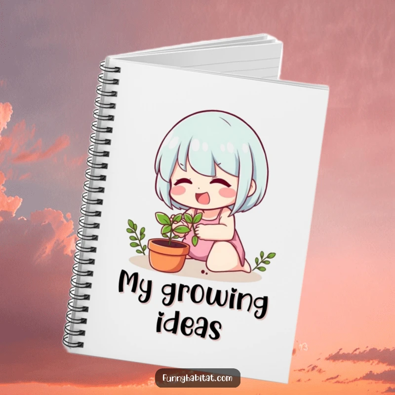 Funny notebook featuring a cheerful character tending to a small potted plant, inviting creativity and note-taking.
