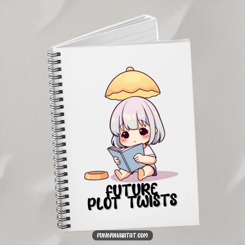 Funny Notebook: A character reading a book under a soft illustrated lamp, inspiring creativity.