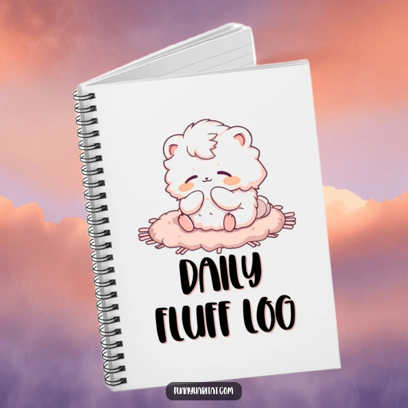 Funny notebook with a fluffy animal character grooming on a rug, great for notes and personal reflections.
