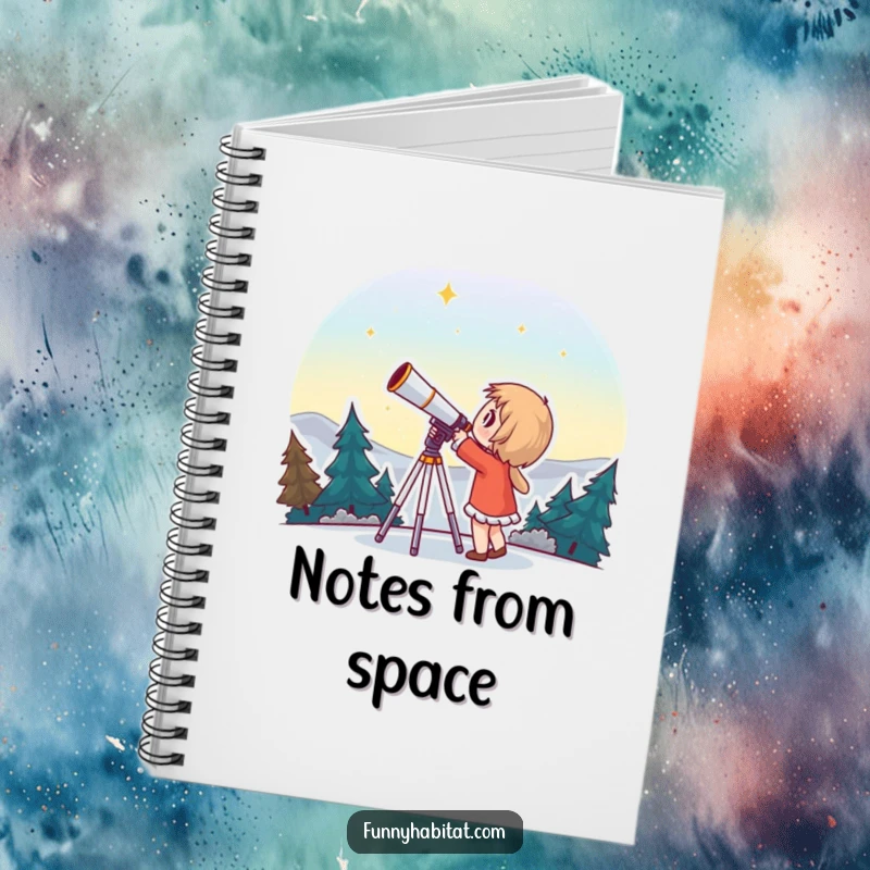 Funny notebook with a character looking through a telescope with wonder, great for jotting down space observations.