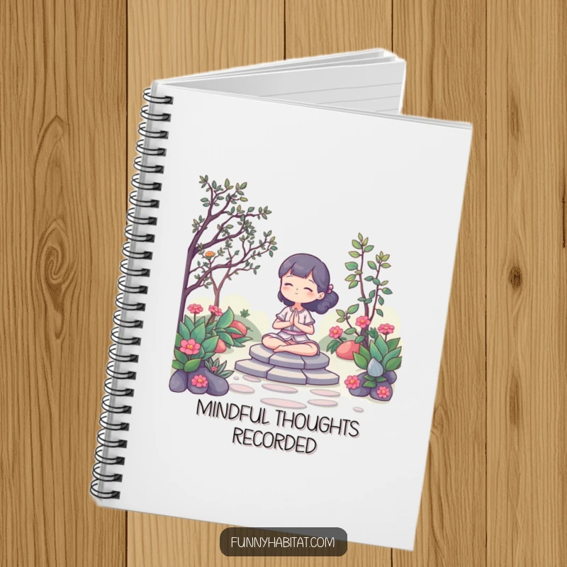 Funny Notebook: Features a character meditating peacefully in a serene garden, perfect for reflective writing. Great gift.