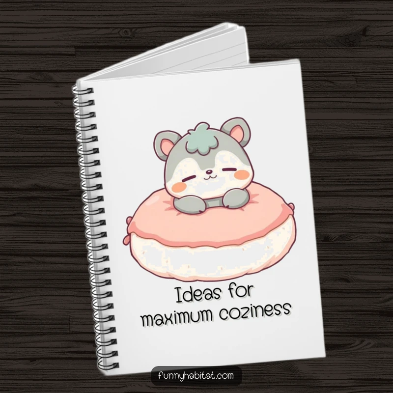 Funny Notebook with a contented animal character lounging peacefully on a fluffy cushion, perfect for jotting down funny ideas.