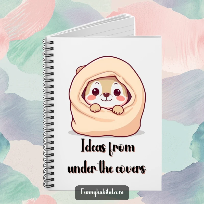Funny Notebook with a playful animal character peeking from behind a cozy blanket, perfect for recording funny thoughts and ideas.