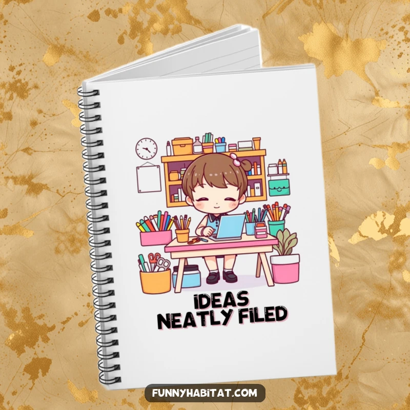 Funny notebook with a character organizing a craft desk, ideal for jotting down ideas, plans, and to-do lists humorously.