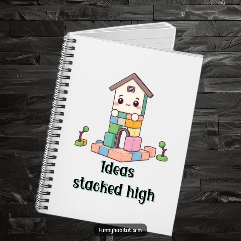 Funny notebook cover showing a character constructing a block tower, perfect for journaling creative thoughts and plans.