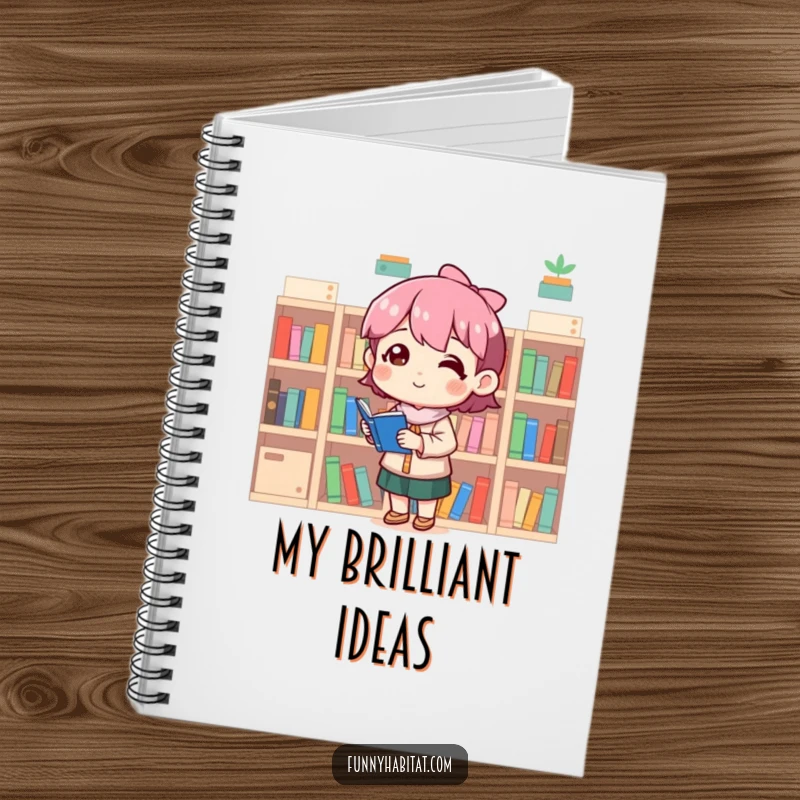 Funny notebook cover with a character contentedly organizing miniature bookshelves, inspiring organized thoughts and creativity.