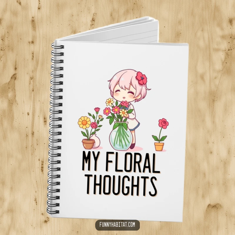 Funny Notebook: A character cheerfully arranges flowers in a vase, encouraging creative writing and journaling with floral humor.