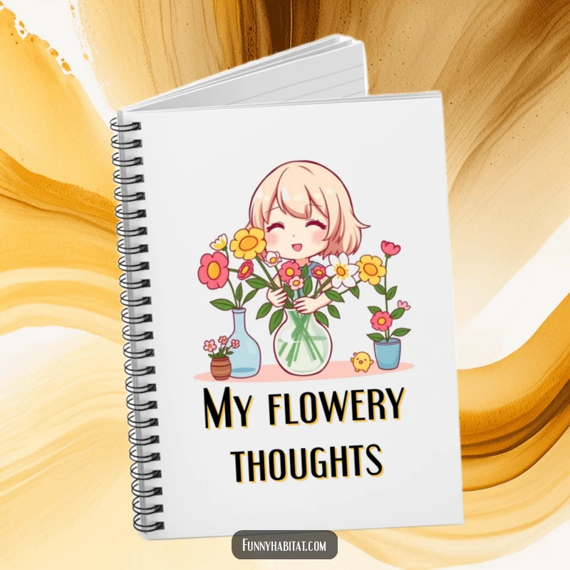 Funny notebook with a happy florist character arranging flowers in a vase, inspiring beautiful floral designs on pages.