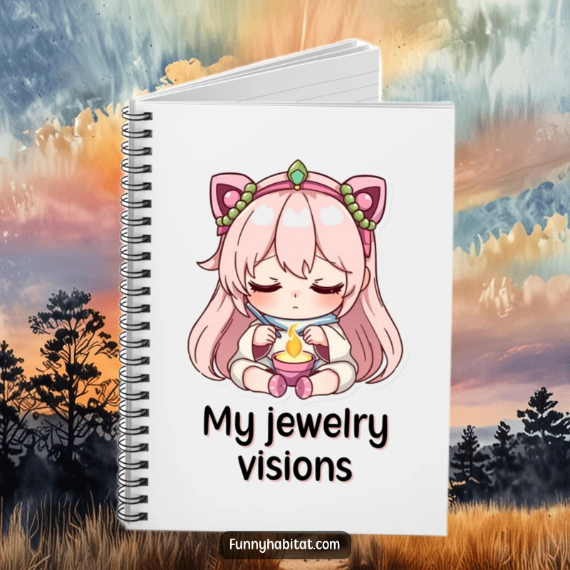 Funny notebook with a character showing focused, peaceful concentration crafting jewelry, inspiring beautiful designs on pages.