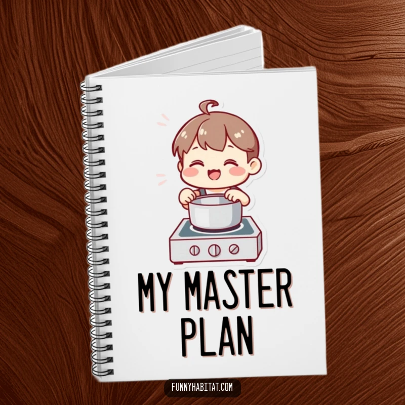 Funny Chef Notebook, a happy character stirs a pot on a stove, ideal for recipe journaling.