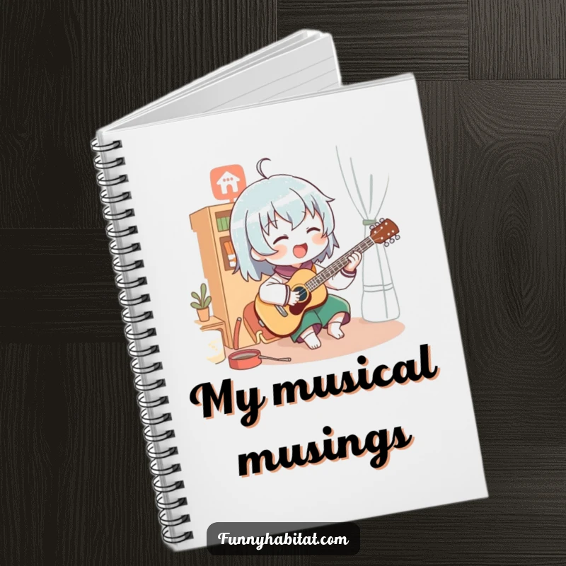 Funny notebook cover with a character energetically playing a musical instrument in a cozy room, ready to inspire.