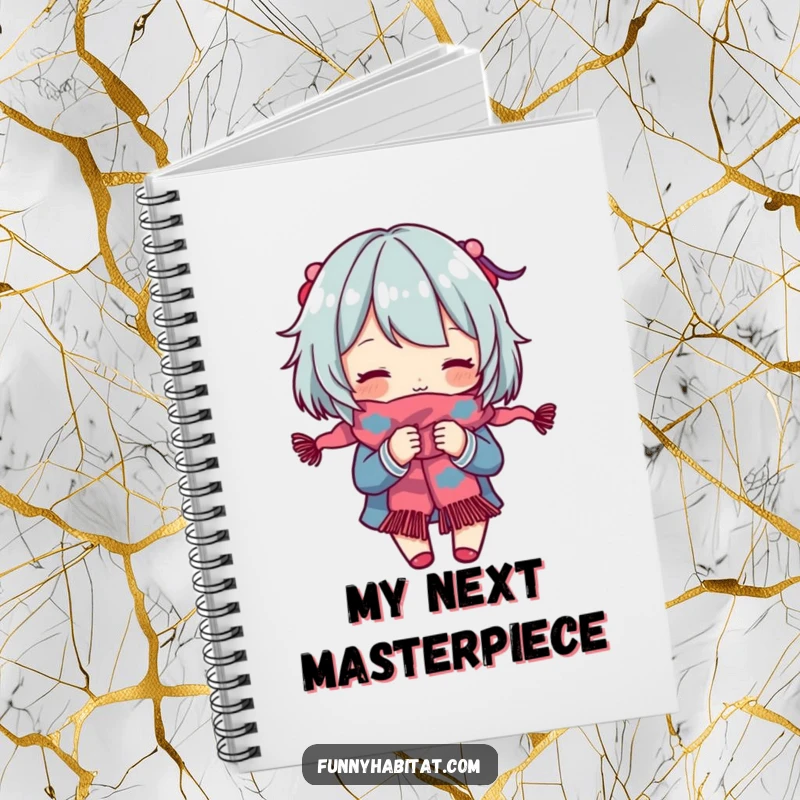 Funny Notebook: Features a character engrossed in knitting a colorful scarf, perfect for project notes. Great gift.