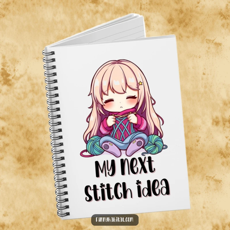 Funny Notebook: A character intently knits with colorful yarn, perfect for jotting down patterns and creative ideas with humor.