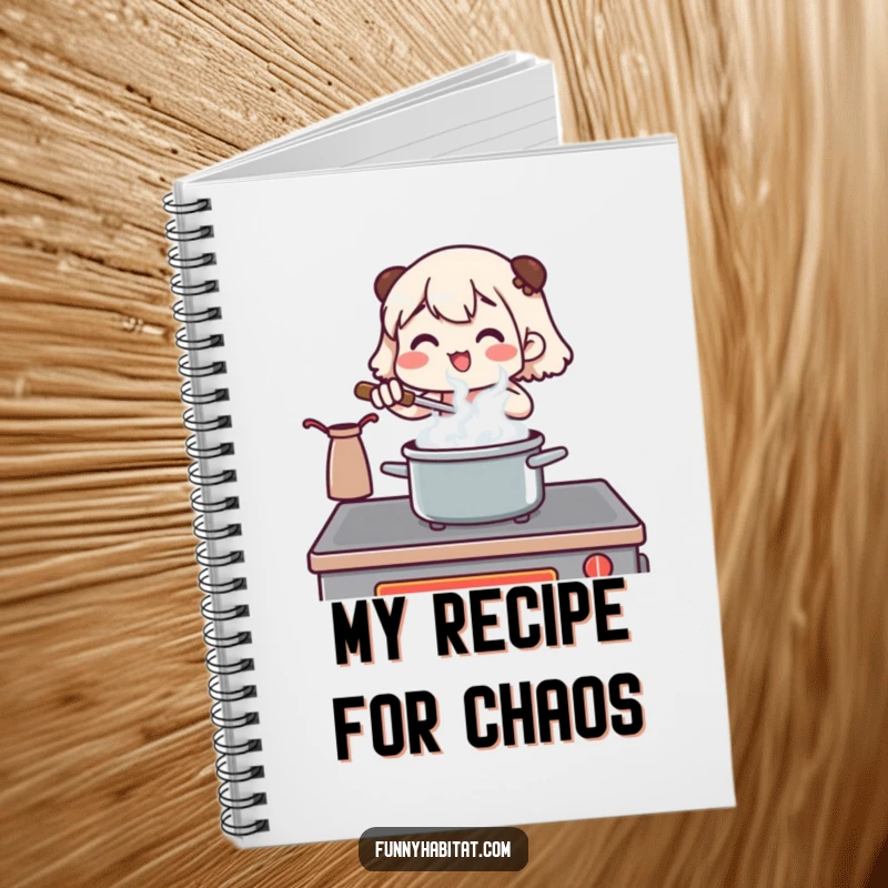 Funny notebook with a character stirring a pot at a stove, steam rising, ideal for humorous recipe writing.