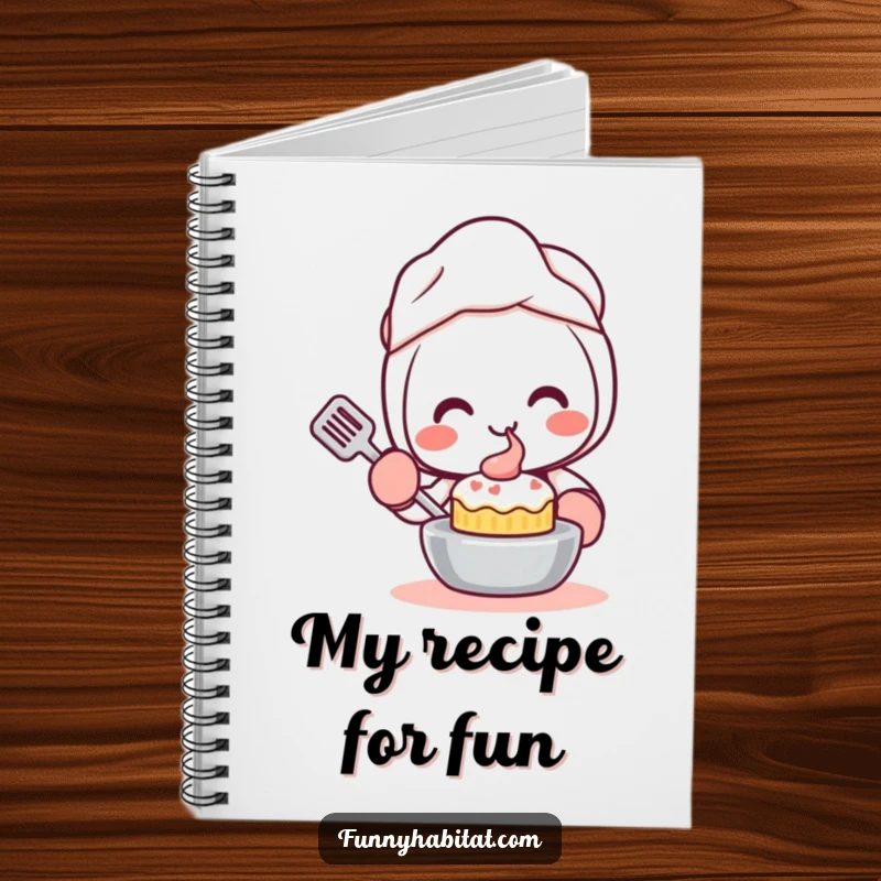 Funny Kawaii Notebook, a happy character with oven mitts smiles while baking a small cake, ideal for journaling.