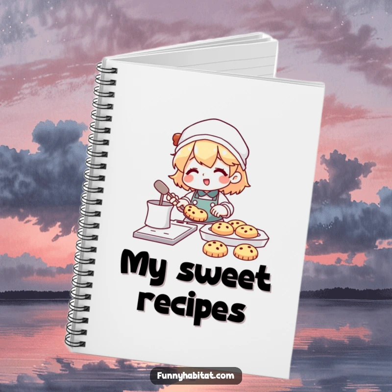 Funny notebook cover with a character happily baking cookies, with a tray of delicious treats visible.