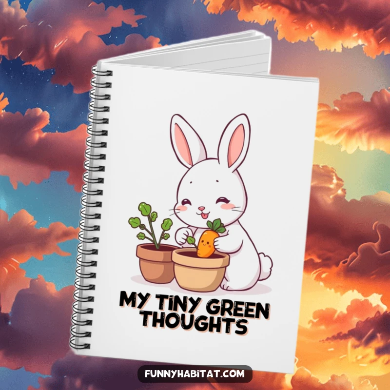 Funny rabbit character tending a tiny smiling carrot plant, a charming and humorous notebook for gardeners and creatives.