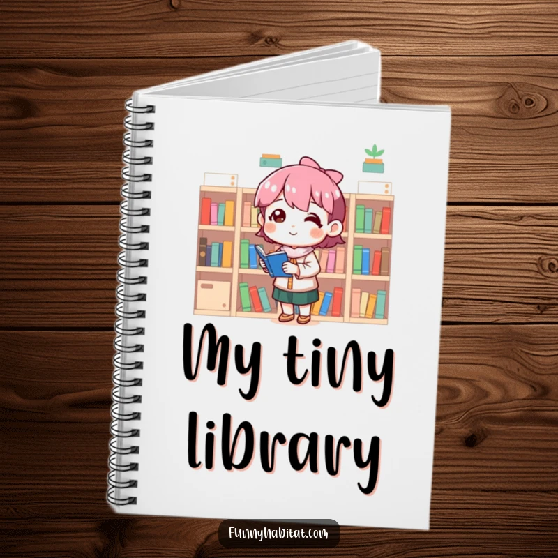 Funny notebook cover with a character meticulously organizing tiny bookshelves with a content smile.
