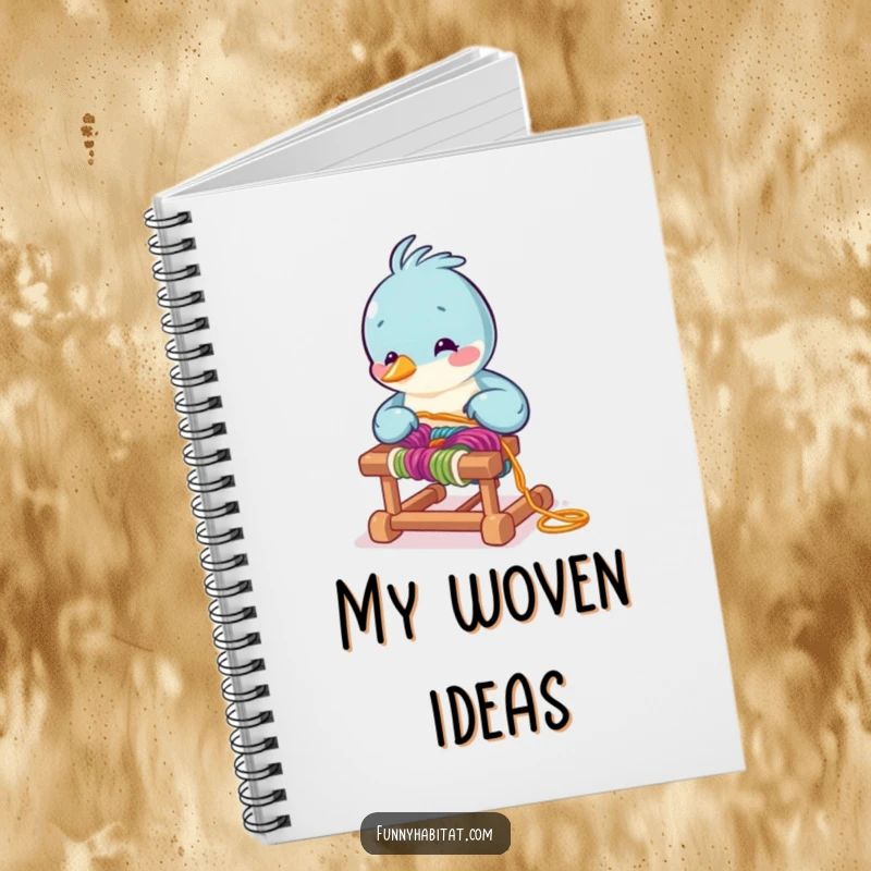 Funny bird character arranging colorful yarn on a tiny loom, a humorous and inspiring notebook for crafters.