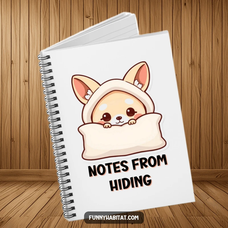 Funny notebook with a curious animal character peeking from behind a cushion, great for notes and ideas.