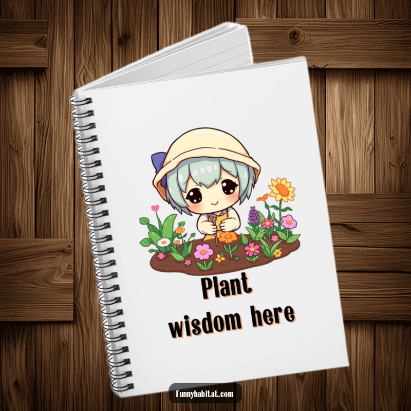 Funny notebook featuring a happy character tending a miniature, vibrant garden, perfect for garden notes and plant inspiration.