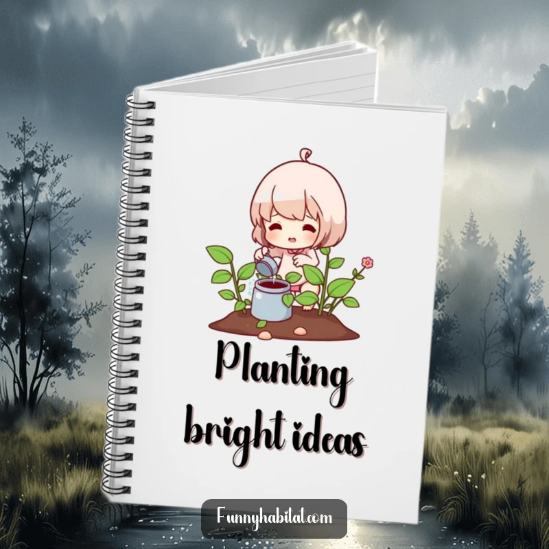 Funny notebook cover showing a character watering a thriving plant, ideal for jotting down thoughts and garden plans.