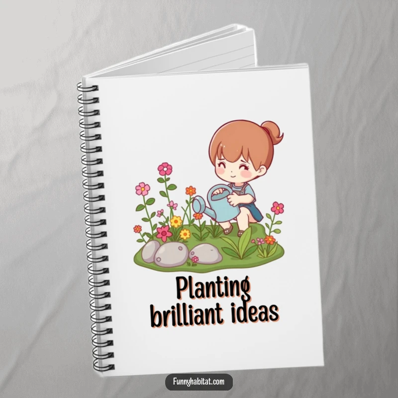 Funny notebook with a character watering a vibrant miniature garden, ideal for humorous journaling and garden planning.