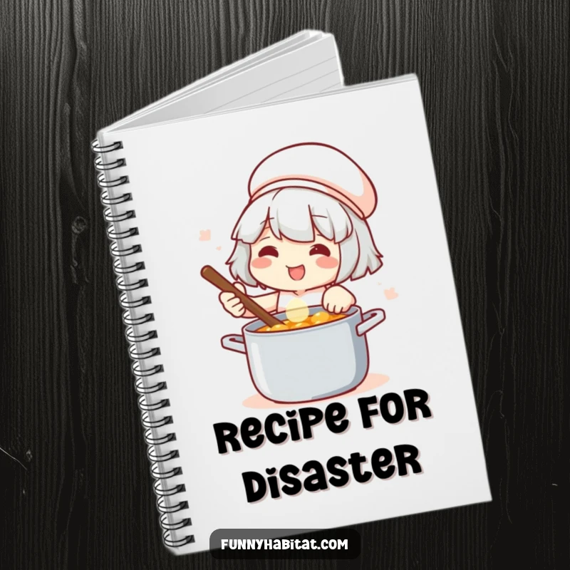 Funny notebook with a cover showing a satisfied chef stirring a pot, perfect for recording recipes and kitchen notes.
