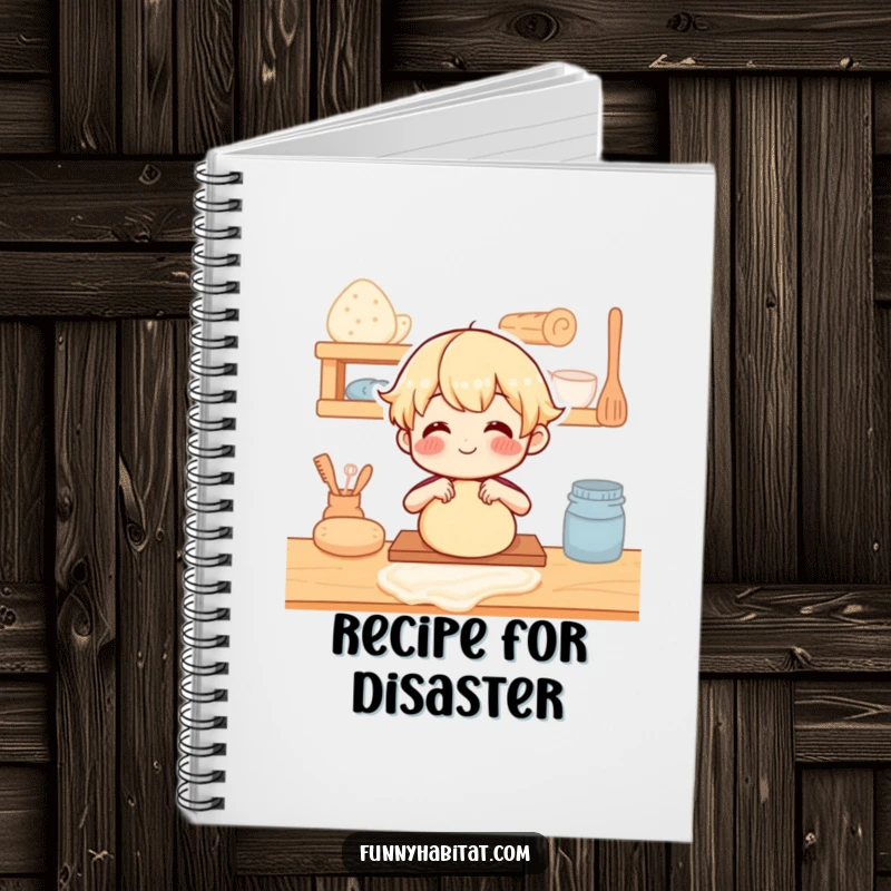 Funny Notebook: A character happily kneading dough on a wooden counter, inspiring culinary creativity.