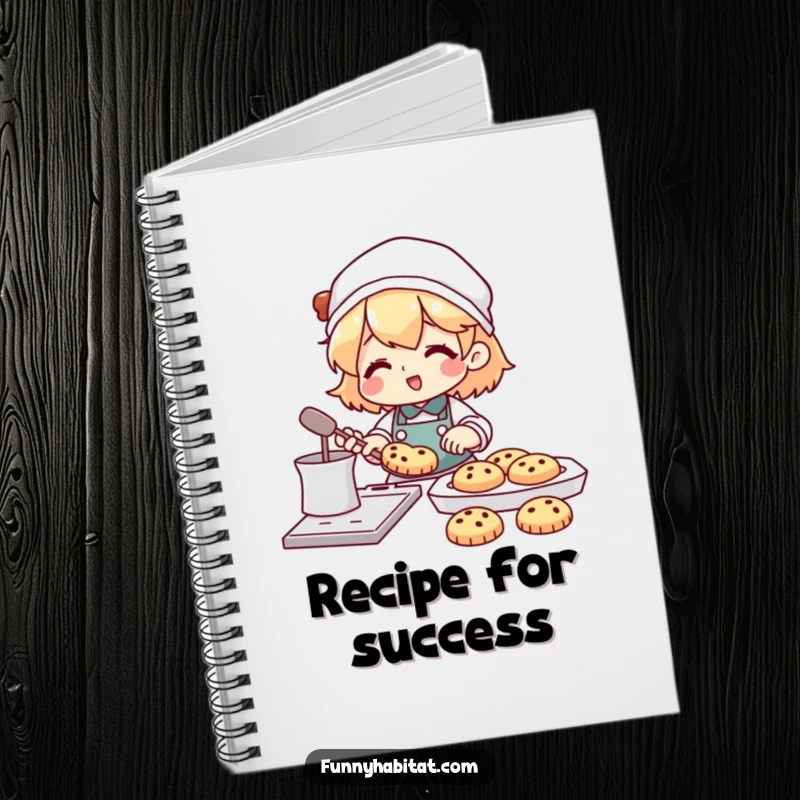 Funny notebook featuring a character happily baking cookies with a tray full of treats nearby; ideal for recipe keeping and baking notes.