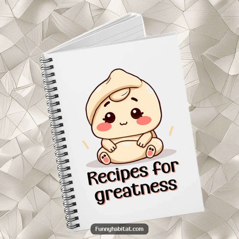 Funny character kneading dough with a contented expression, on a ruled notebook cover.