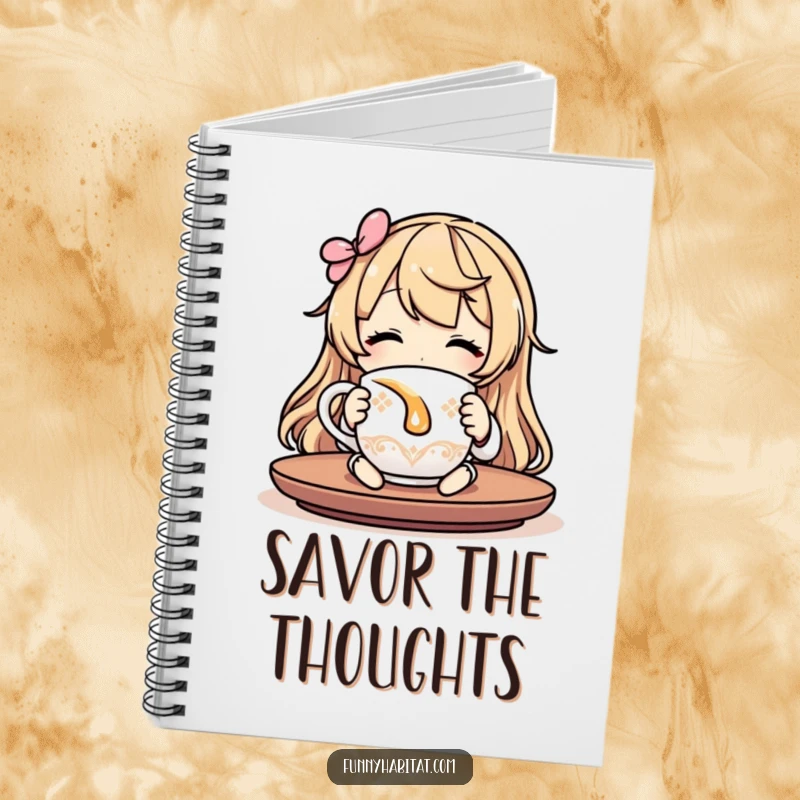 Funny relaxing notebook featuring a character sipping tea, ideal for journaling and capturing calm thoughts.